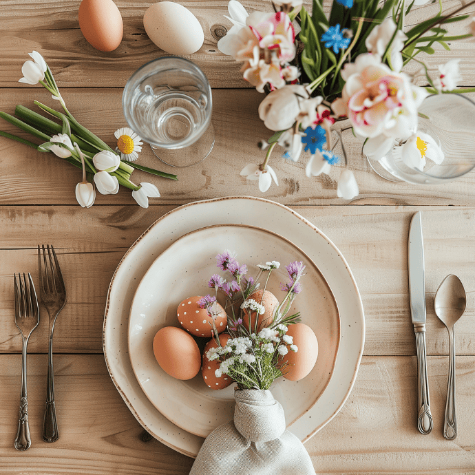 An elegant Easter table setting on a wooden surface features a plate with painted eggs and purple flowers wrapped in a napkin. Tulips and daisies are scattered around, while cutlery, a glass, and a vase of mixed flowers add to the charm.