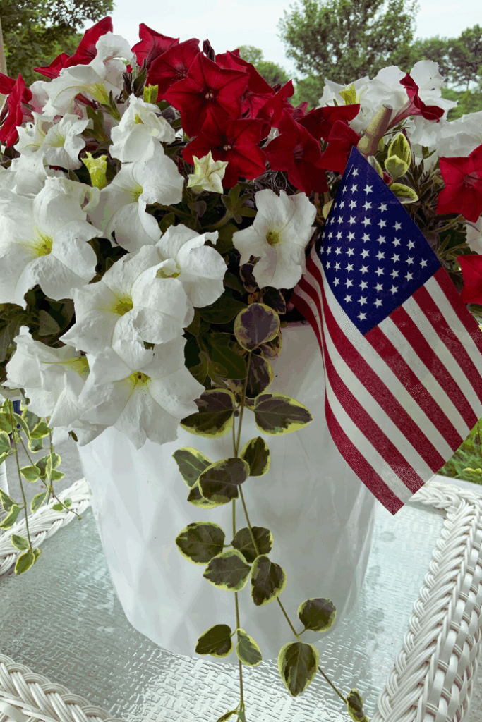 A white planter with red and white petunias, green trailing leaves, and a small American flag creates charming patriotic porch decor on a glass table outdoors.
