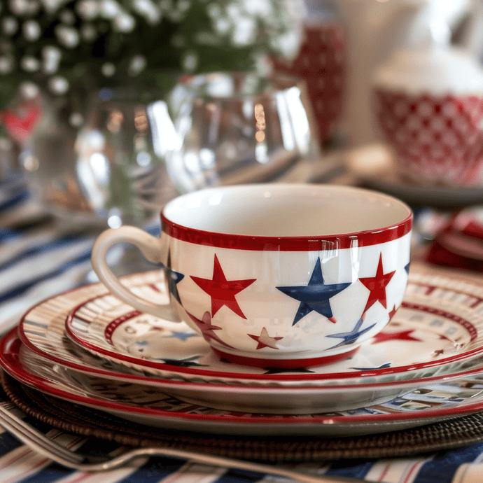 A teacup decorated with red and blue stars sits on matching plates, creating charming patriotic table decor, with a festive tablecloth and blurred glassware and flowers in the background.