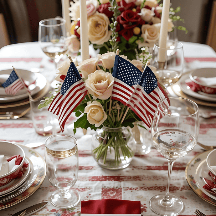 A festive table setting with patriotic table decor features American flags in a vase of roses, surrounded by elegant dinnerware, glasses, and candles on a red-and-white striped tablecloth, perfect for a patriotic celebration.