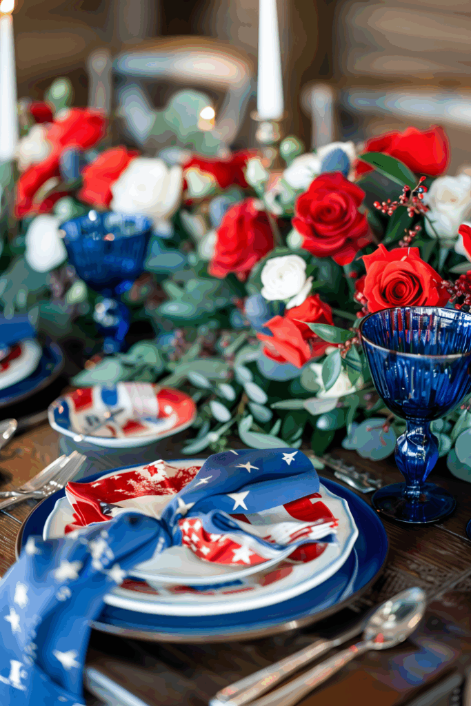 A festive table setting with patriotic table decor, including blue and white star-patterned napkins, themed plates, blue glassware, and a vibrant red, white, and green floral centerpiece with roses and eucalyptus.