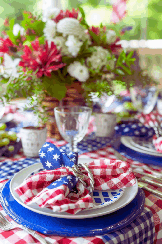 Patriotic table decor shines with red, white, and blue plates, American flag-patterned napkins, clear glasses, and a vibrant centerpiece of red and white flowers on a checkered tablecloth.