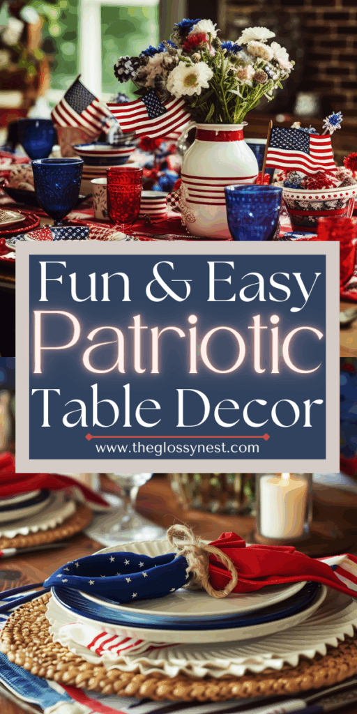 A festive table setting with patriotic table decor, featuring red, white, and blue dishes, American flags, and a flower-filled vase—discover more "Fun & Easy Patriotic Table Decor" at theglossynest.com.