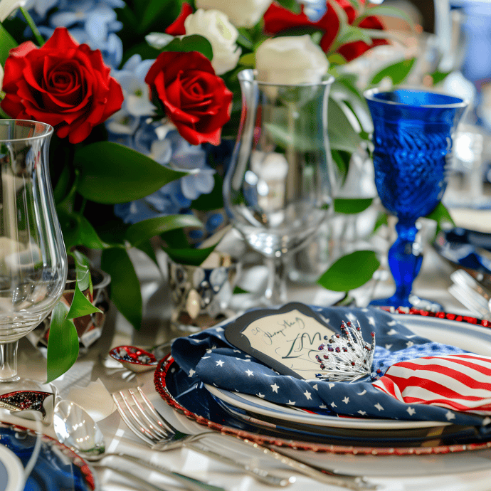 A festive table setting featuring red, white, and blue patriotic table decor, with American flag napkins, blue glassware, silver cutlery, red roses, and a small tiara atop a plate with a handwritten place card.