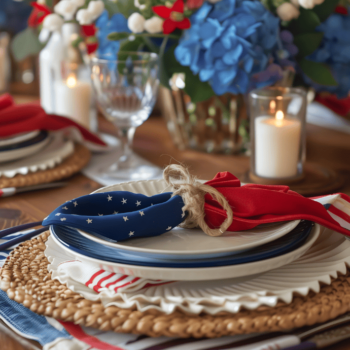 A festive table setting with blue, white, and red napkins, white plates, woven placemats, lit candles, and a centerpiece of blue and red flowers creates striking patriotic table decor perfect for a Fourth of July celebration.