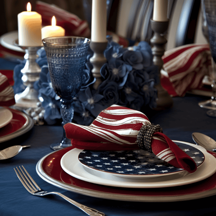 Elegant patriotic-themed table setting with red, white, and blue patriotic table decor, featuring star-patterned plates, striped napkins, blue goblets, white candles, silverware, and a floral centerpiece.