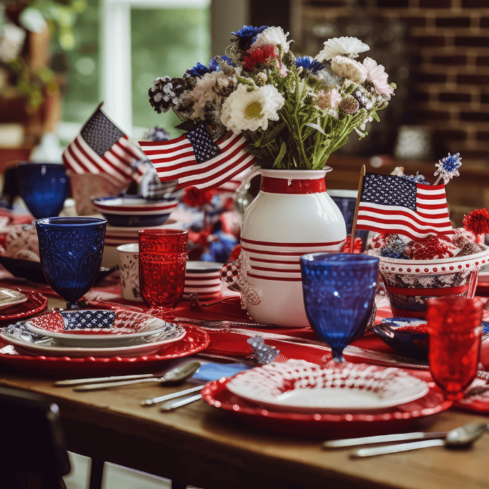 A festive table is set with patriotic table decor, including red, white, and blue plates, glasses, and napkins. Small American flags and a vase of red, white, and blue flowers complete the vibrant patriotic theme.