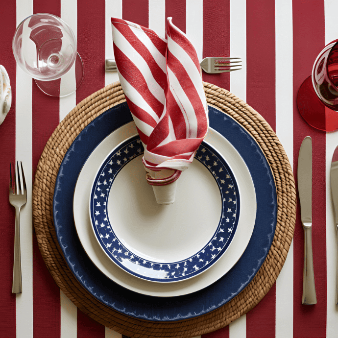 A patriotic table decor features a red-and-white striped tablecloth, blue-bordered plate with white stars, and a red-and-white striped napkin folded in a standing shape, surrounded by silverware and glassware.
