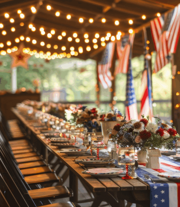A long outdoor table features patriotic table decor with American flags, red, white, and blue flowers, and string lights overhead, all set for a festive gathering under a covered patio.