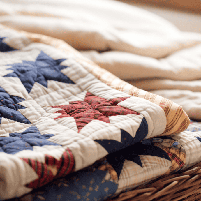 A close-up of a folded patchwork quilt featuring red, blue, and cream star patterns, resting on top of other light-colored quilts in a wicker basket.