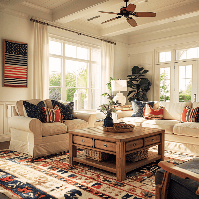 A bright living room with white sofas, patterned pillows, a wooden coffee table, and an American flag artwork on the wall. Large windows let in natural light, and the decor features red, white, and blue accents.