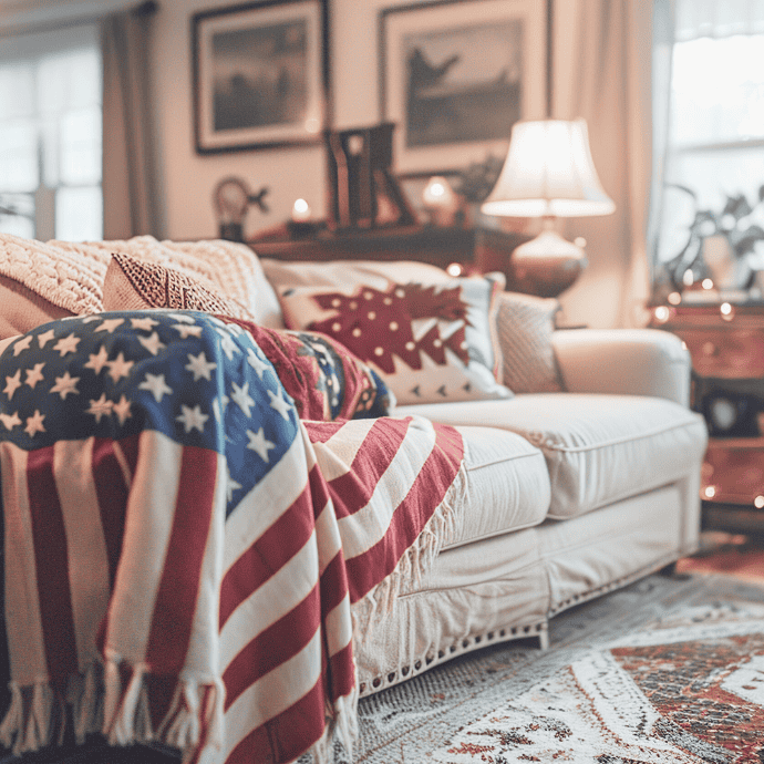 A cozy living room with a cream sofa decorated with an American flag throw blanket and patriotic pillows. Warm lighting, framed pictures, and a patterned rug create a welcoming, homey atmosphere.