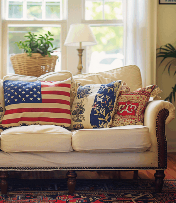A cozy white sofa with decorative pillows, including one with an American flag design, sits in a bright living room with large windows, potted plants, two lamps, and a patterned rug on the wooden floor.