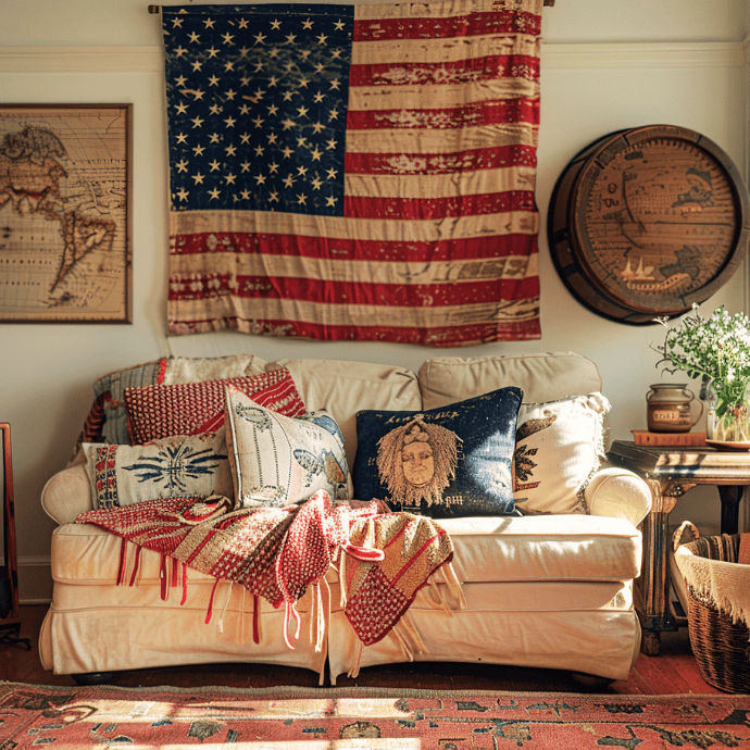 A cozy living room with a cream sofa, patterned pillows, and a red quilt. A large vintage American flag hangs on the wall above, alongside an antique-style map and a round wooden world map. Sunlight streams in.