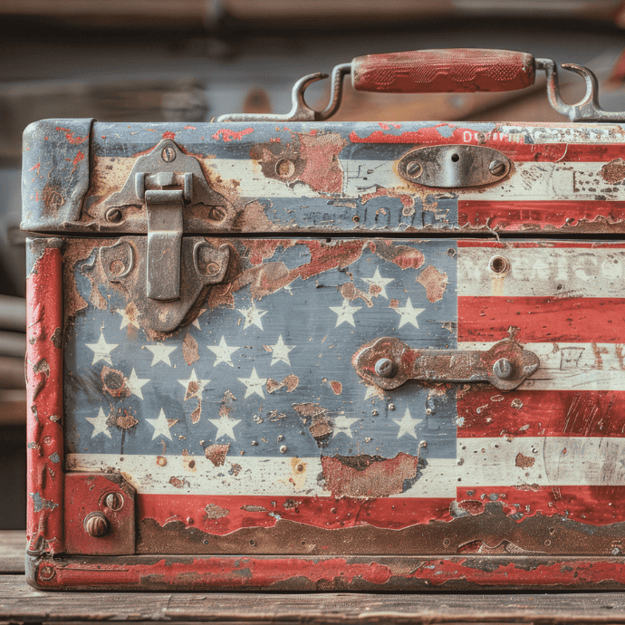 A weathered, vintage suitcase with a faded and peeling American flag painted on its surface, showing signs of age and rust on the metal clasps and handle.