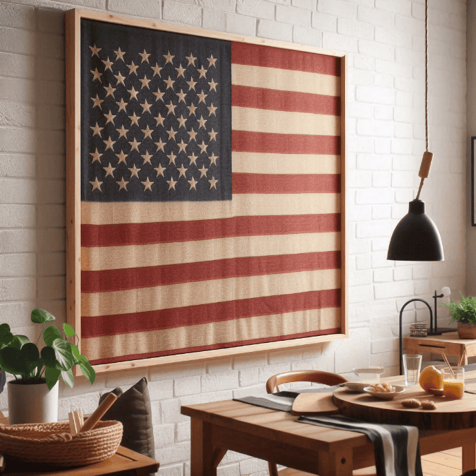 A large framed American flag hangs on a white brick wall in a cozy dining area with wooden furniture, table settings, a potted plant, and a black pendant light.