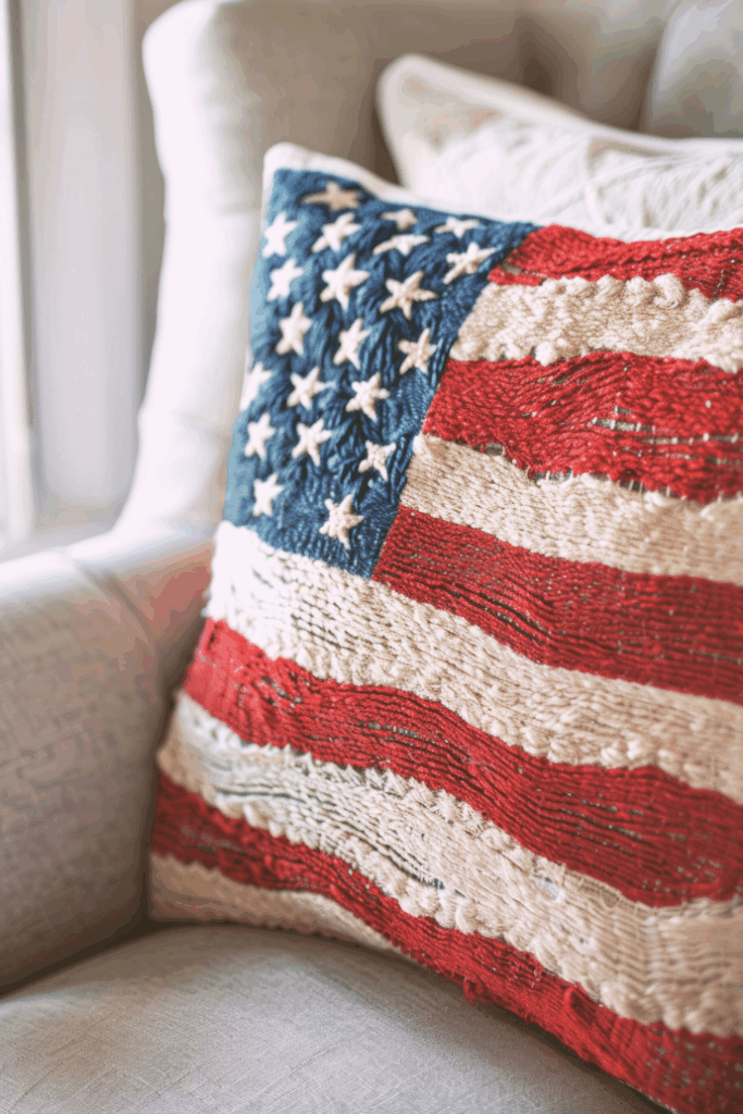 A decorative pillow featuring a textured design of the American flag rests on a light-colored upholstered chair near a window.