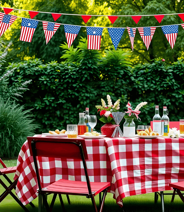 A picnic table with a red and white checkered tablecloth is set with drinks, flowers, and food in a garden. American flag bunting hangs above, suggesting a festive outdoor gathering or celebration.