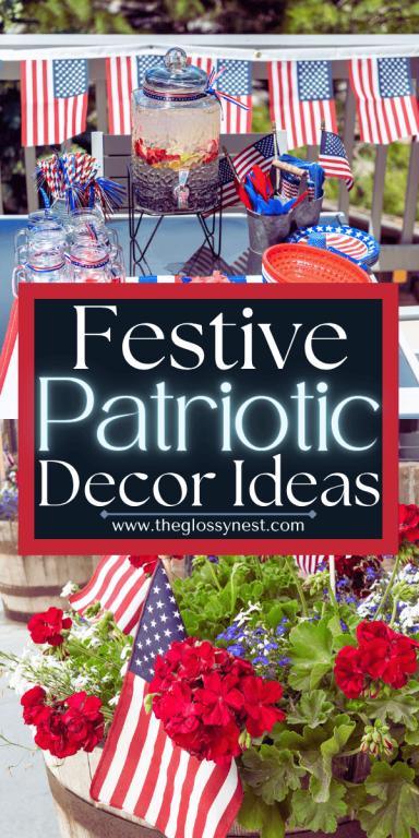 A patriotic outdoor party setup with American flags, red, white, and blue tableware, easy decorations, a drink dispenser, and vibrant red flowers—perfect 4th of July inspiration from theglossynest.com’s “Festive Patriotic Decor Ideas.”.